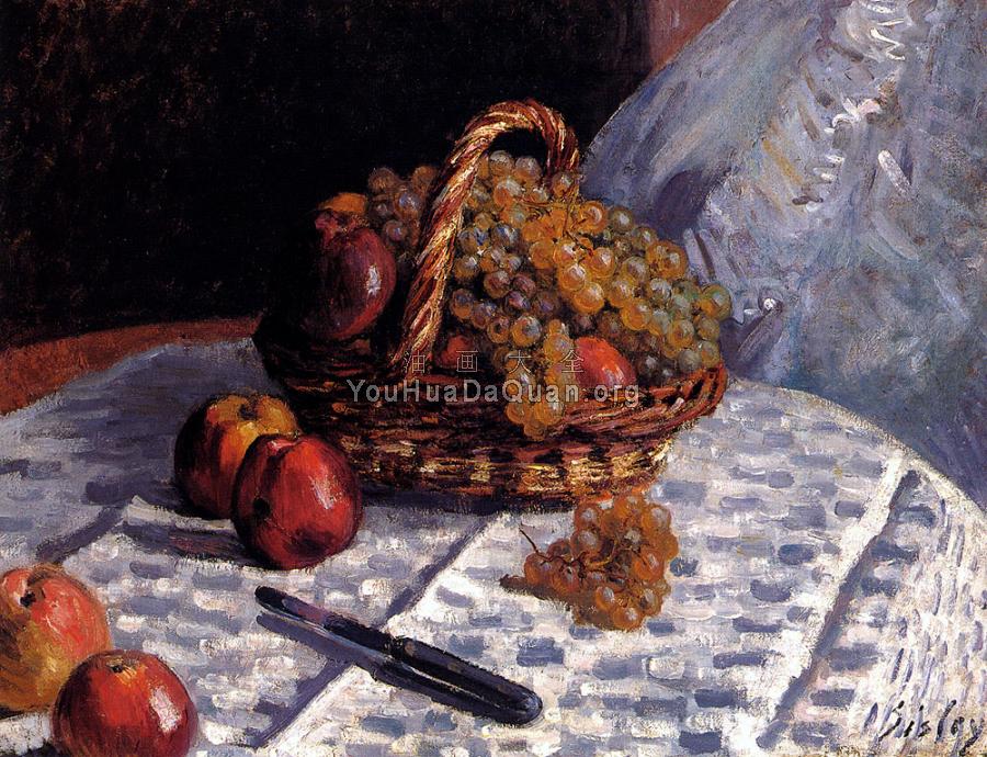 Still Life, Apples And Grapes - 阿尔弗莱德·西斯莱